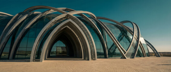 A striking modern building with a unique curved glass and metal arch design under a clear blue sky, showcasing contemporary architecture.
