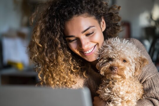 Happy Latina woman engaged in remote work while enjoying quality time with her small dog in a cozy indoor environment during the afternoon - Powered by Adobe