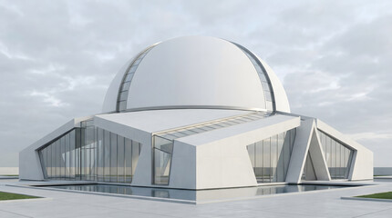 A modern, white domed building with geometric glass facades and reflections in water under a cloudy sky.