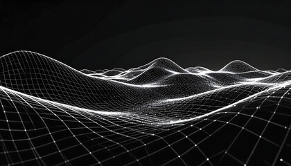 A white, flowing mesh grid resembling waves on a black background