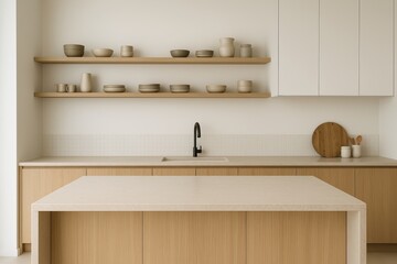 Minimalist kitchen interior design with wooden cabinets, neutral ceramics, and clean layout in soft lighting on a modern beige background. Ai generative. Ai generative