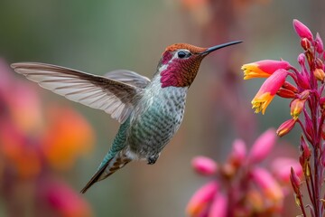 Fototapeta premium Curious Annas Hummingbird male hovers delicately as it sips nectar from vibrant pink flowers in a serene garden setting during early morning light