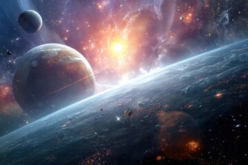 Obraz premium Retro futuristic space wallpaper featuring colorful celestial bodies and vibrant cosmic elements in a mesmerizing cosmic landscape