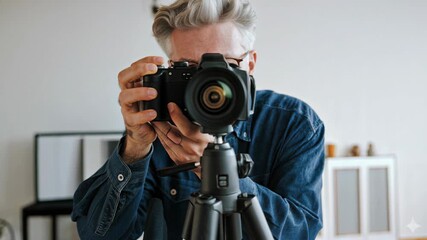 Mature photographer adjusting professional camera on tripod in modern studio, capturing creative compositions with precision and focus for advertising, lifestyle and visual storytelling.
