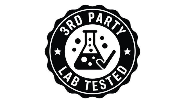 Black and white seal or badge indicating third party lab tested with a beaker and checkmark