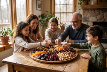 Tu BiShvat Dried Fruits and Nuts Platter Celebration. Jewish Family celebration tradition