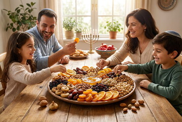Tu BiShvat Dried Fruits and Nuts Platter Celebration. Jewish Family celebration tradition