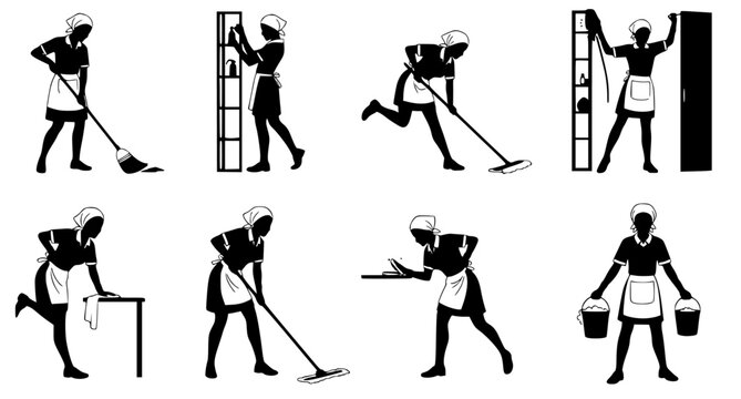 Collection of Woman Cleaning Staff Actions in Vector Illustration