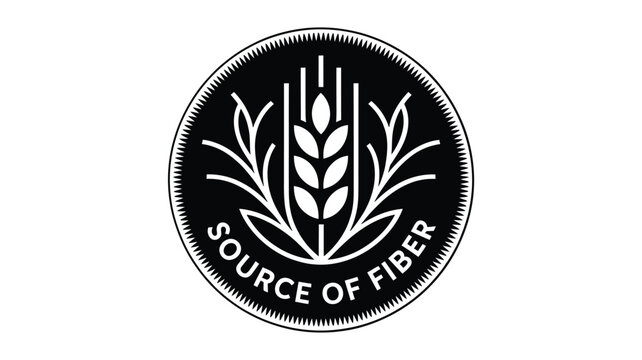Black and white oval emblem with wheat stalk and text source of fiber