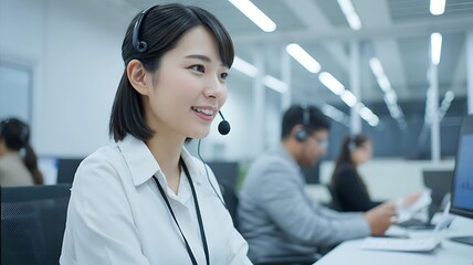 Customer support agent working with headset in modern office
