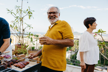 Outdoor Brazilian family churrasco gathering with joyful interactions amidst scenic landscape