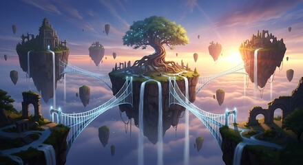 Mystical fantasy world with a giant tree on floating islands at sunrise.