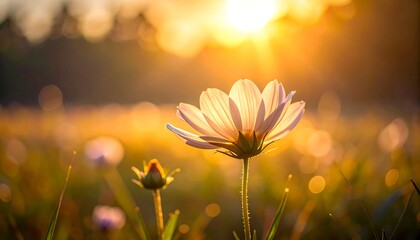 A white cosmos flower blooms under a warm, golden sunset in a field of tall grass, evoking peace