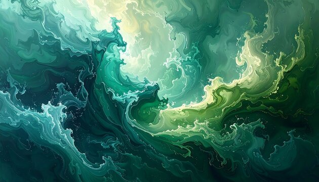 Abstract swirling patterns of emerald, teal, and light green with a hint of yellow, reminiscent of turbulent ocean waves