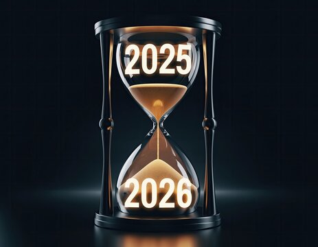 Hourglass with glowing 2025 and 2026 on dark background