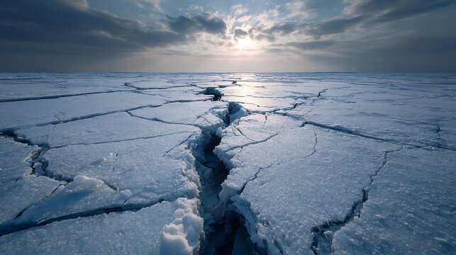 Dramatic lowangle shot of a deep crack splitting across a vast, frozen ice surface under a dramatic, cloudy sky with the sun
