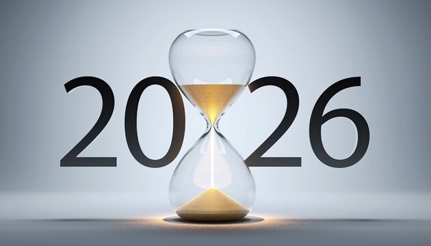 2026 concept with hourglass measuring time and future