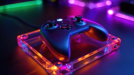 Game controller on a neon stand, lit by vibrant pink, purple, and blue lights.