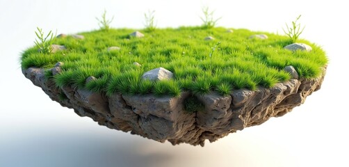 Fototapeta premium Piece of earth with green grass and stones floats in air. Island with vegetation and rocks is suspended against bright background. Small plants grow on island surface.