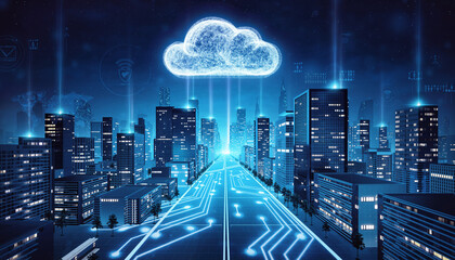 A futuristic cityscape at night with a glowing cloud and circuit lines leading to it, set against a dark blue background with illuminated skyscrapers.