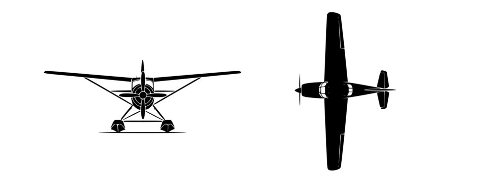 Orthographic illustration of a vintage high-wing propeller airplane. This technical drawing shows the front and top-down silhouette views of a light aircraft