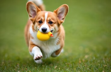 Welsh Corgi runs on lawn with yellow duck toy in mouth. Puppy enjoys playtime outdoor. Adorable canine breed has fun on green grass. Fluffy dog is happy playing with toy.