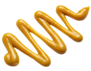 Zigzagging line of yellow mustard sauce squirted onto a white surface creating a visually appealing condiment pattern product shot isolated