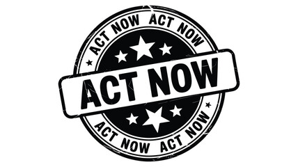 Urgent action required stamp with stars and the words act now in bold text