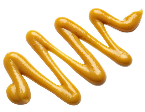 Zigzagging line of yellow mustard sauce squirted onto a white surface creating a visually appealing condiment pattern product shot isolated