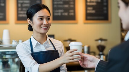 Barista serving coffee to customer in cozy cafe
