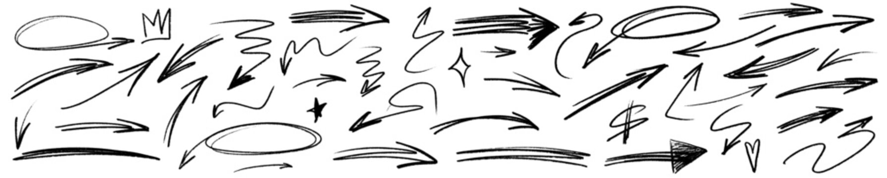 Hand-drawn arrow set with crayon texture and soft chalk edges. Each arrow feels organic with brush strokes and brush details for a raw sketch style.