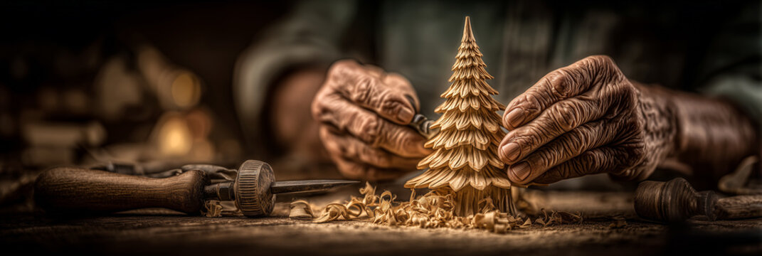 A hyper-realistic extreme close-up of elderly artisan hands carving a wooden Christmas tree with precision, capturing warm holiday craftsmanship and emotional detail. Generative Ai.