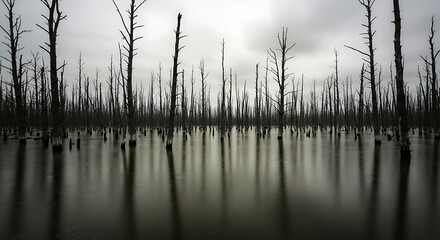 Dead Forest with Leafless Trees Surrounded by Water Under Overcast Sky