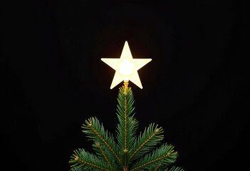 The top of a Christmas tree with a shining star on a dark background. Symbolic and festive. Space for the text.