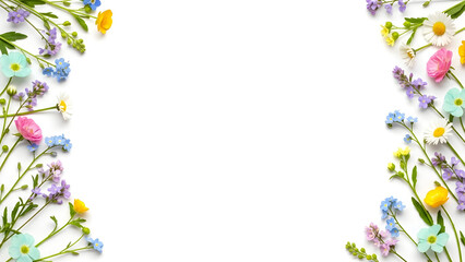 Obraz premium A beautiful frame of colorful spring wildflowers arranged on a clean white background with copy space.