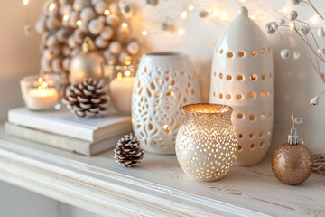 Obraz premium Cozy Christmas Candlelight with Festive Pinecones and Warm Decor