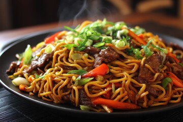 Chinese yakisoba stir-fried noodles with vegetables and beef served on a dark plate in a cozy restaurant setting during dinner time