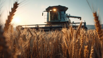 Combine Harvester Operating in Wheat Field During Golden Hour Sunset with Lens Flare and Selective Focus