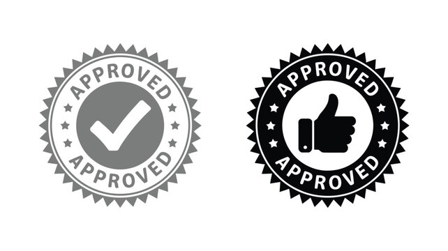 Two approved stamp icons one with checkmark and one with thumbs up symbol