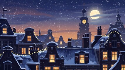 Whimsical winter cityscape at night with snow falling gently over rooftops adorned with festive holiday lights and a full moon
