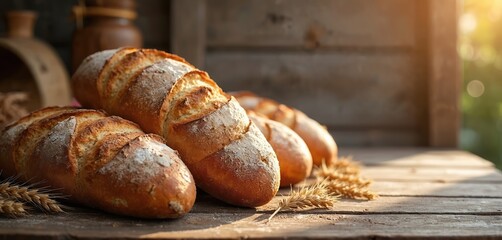 Artisan bread loaves lie on wooden surface. Crusty sourdough close up with wheat ears. Bakery products background for recipe. Bread banner mockup ideal for restaurant menu or organic food blog design.