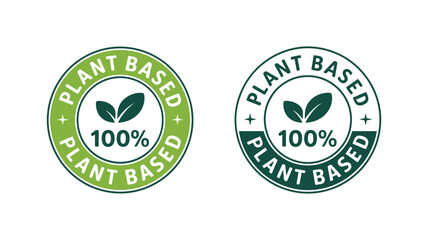 Two oval plant based 100 percent certified labels with green leaves and stars