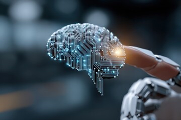 Artificial intelligence brain interacts with advanced technology during a futuristic demonstration in a tech lab environment