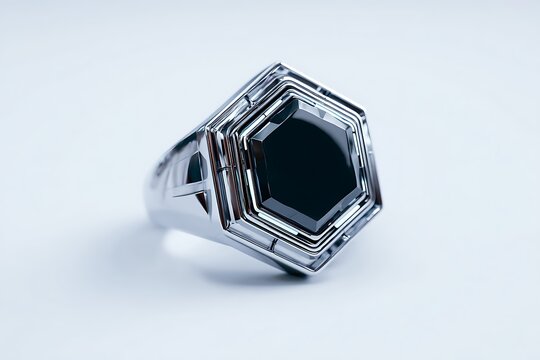 Luxury hexagonal silver ring with black onyx stone