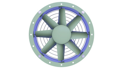 Obraz premium Industrial Fan for Cooling Machine - Fan with cover and electric motor. Front view. 3D rendering isolated on white background. Ideal for professionals, educational, engineering design