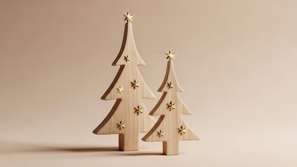 Elegant wooden Christmas trees with golden stars radiate holiday warmth, perfect for a sophisticated festive design or modern seasonal greetings card