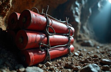 Fototapeta premium Red dynamite sticks bundled with wires, ready for use. Lay on rocky ground in dim underground mine cave. Light shines from above, creating dark, rugged scene for blasting operation. Shows danger.