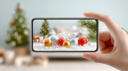 Hand holding smartphone showing virtual christmas ornaments with snowflakes and pine branch overlay.Hand holding smartphone displaying augmented reality christmas decorations.
