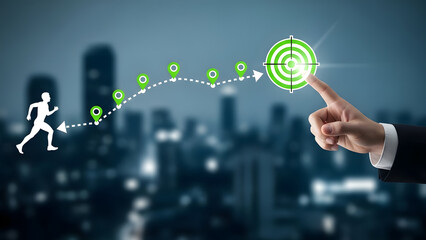 A dedicated professional advancing on a strategic pathway towards achieving a clearly defined business objective amidst a metropolitan backdrop