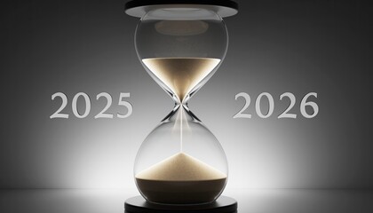 Hourglass showing 2025 and 2026, time passing concept